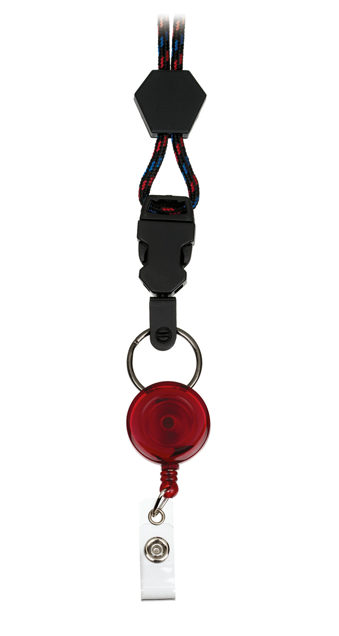 Black, Red and Blue Lanyard with Ruby Retracteze - BRB